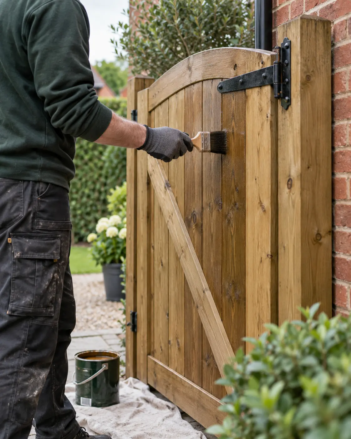 A tradesperson carefully finishing a timber garden gate