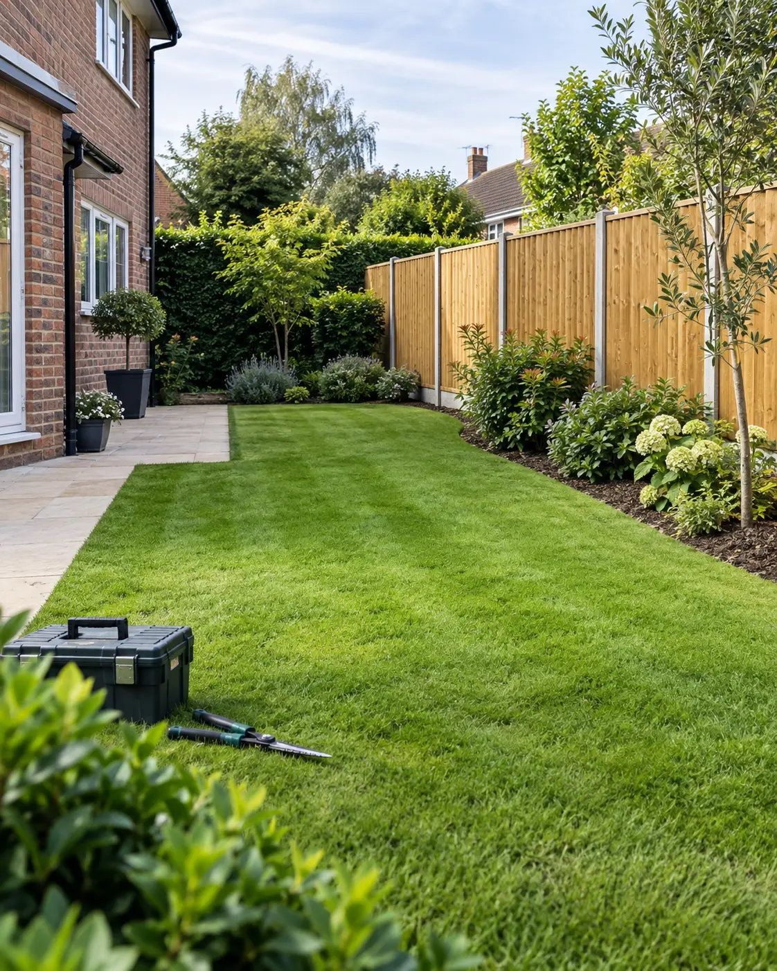 A professionally maintained garden with a new timber fence